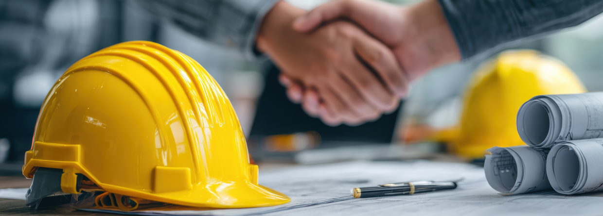 Twee zakelijke professionals schudden elkaar de hand in een bouwkeet